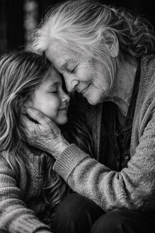 Photographie d’art noir et blanc moment de tendresse intergénérationnelle
