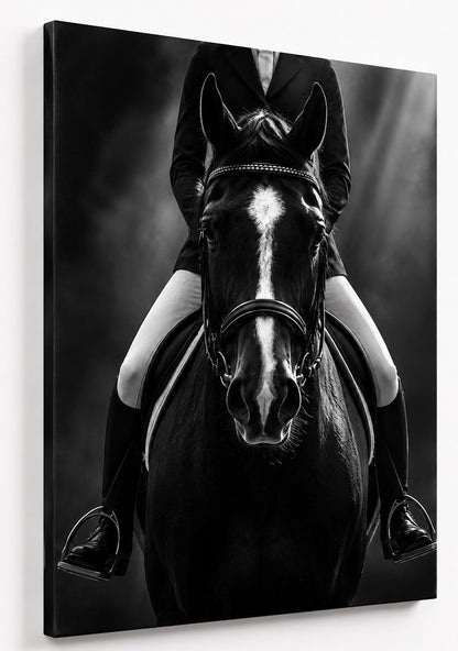 Photographie d'art en noir et blanc d'un cheval monté par une cavalière dans une composition frontale élégante
