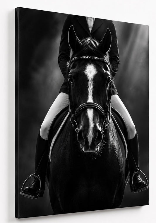 Photographie d'art en noir et blanc d'un cheval monté par une cavalière dans une composition frontale élégante
