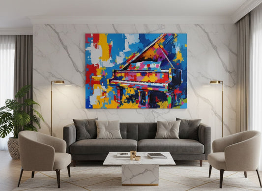 Tableau piano coloré en décoration murale dans un salon moderne et artistique

