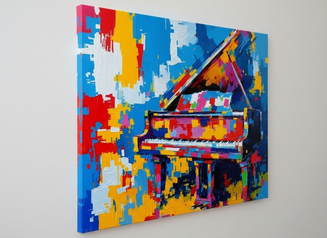 Tableau piano coloré vue de profil sur toile montée sur châssis, impression haute qualité
