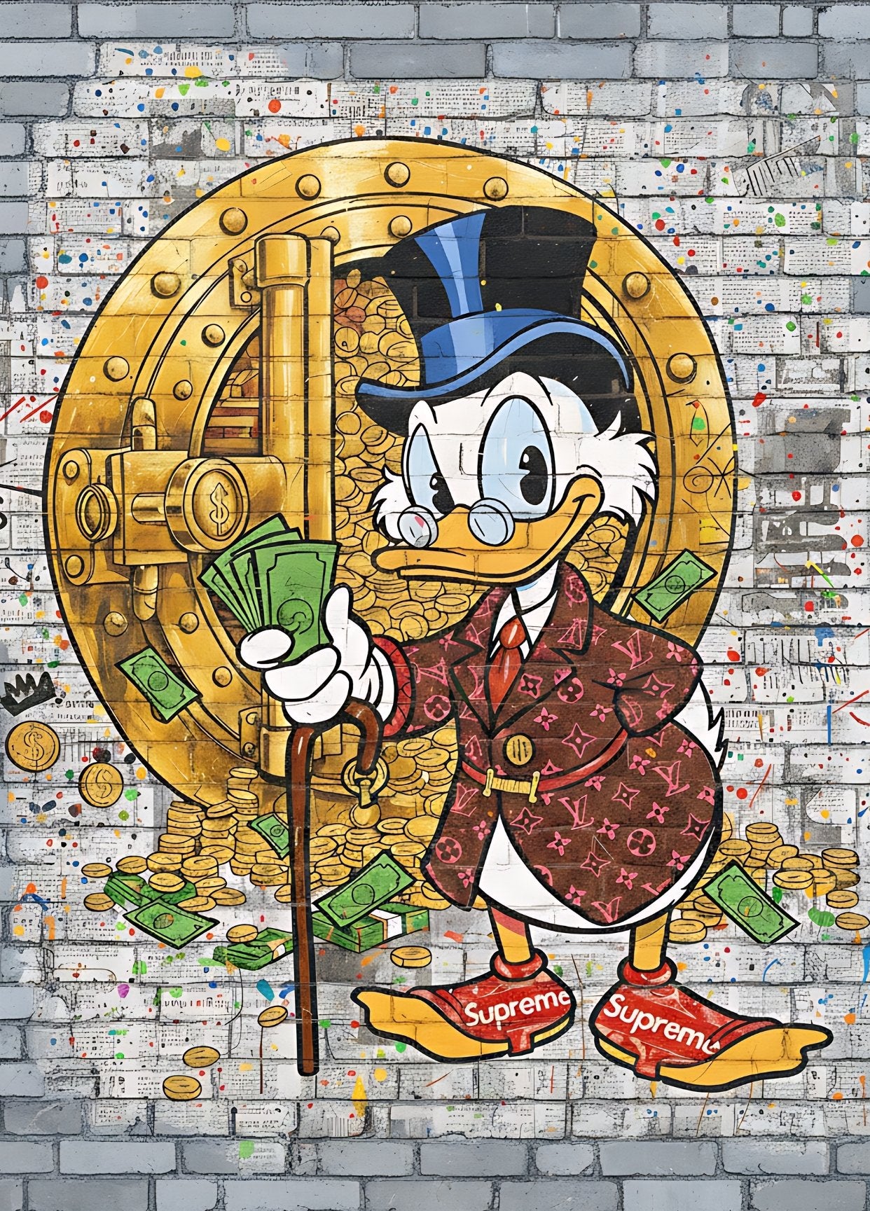 Tableau street art Picsou Street Luxe : Balthazar Picsou avec un manteau Louis Vuitton, des billets, et un coffre-fort doré, création exclusive Iconik-Art.