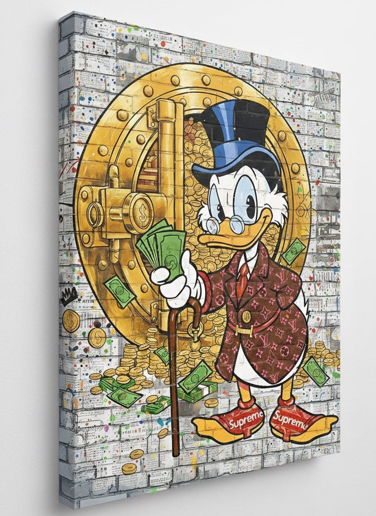 Vue de profil du tableau street art Picsou Street Luxe sur châssis toile, détails des billets, pièces d'or et motifs du manteau, impression haute qualité.