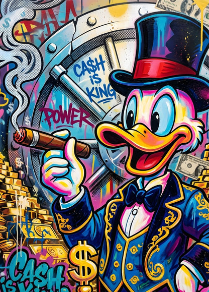 Tableau Picsou pop art Cash is King avec lingots or dollar style street art contemporain
