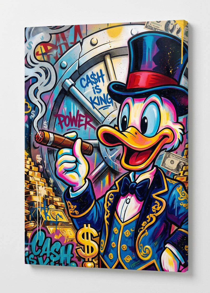 Vue de profil toile tableau Picsou pop art sur châssis avec couleurs street art vives
