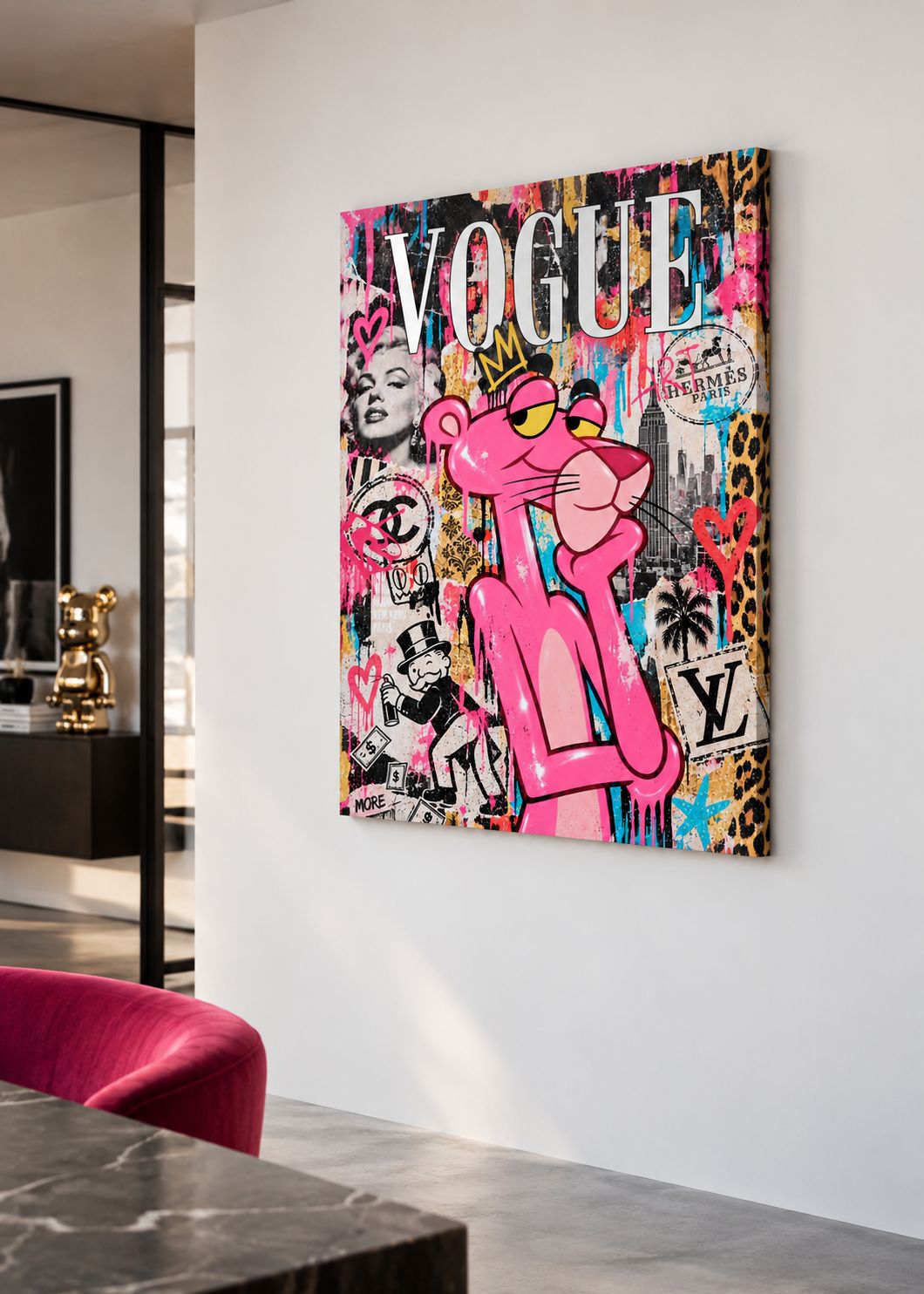 Tableau Panthère Rose avec collage street art
