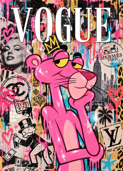Panthère Rose dans un collage pop art coloré
