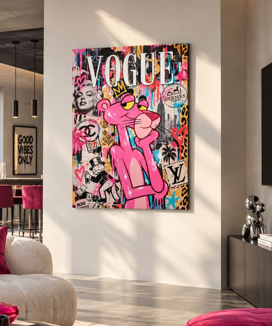 Tableau pop art coloré Panthère Rose dans un intérieur contemporain

