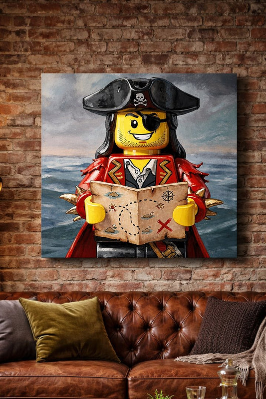 Tableau mural pirate pop culture intégré dans salon contemporain décoration design
