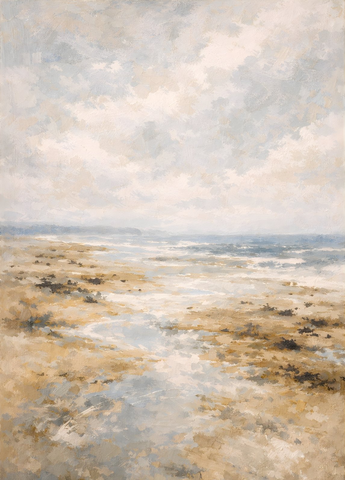 Tableau contemporain plage sauvage horizon brumeux style semi abstrait lumineux
