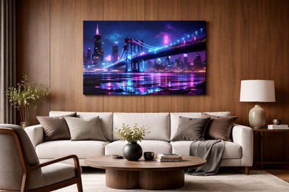 Tableau New York néon accroché dans un salon moderne ambiance urbaine lumineuse et contemporaine
