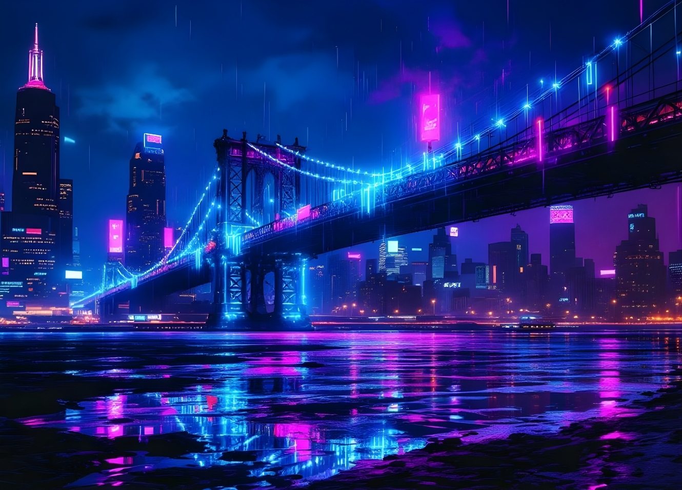 Pont de New York illuminé en néon bleu et rose la nuit avec reflets sur l’eau style contemporain
