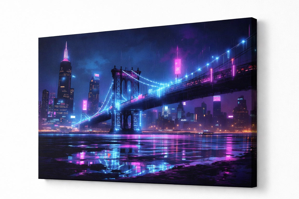 Vue de profil toile tableau pont New York néon avec impression haute définition et couleurs vibrantes
