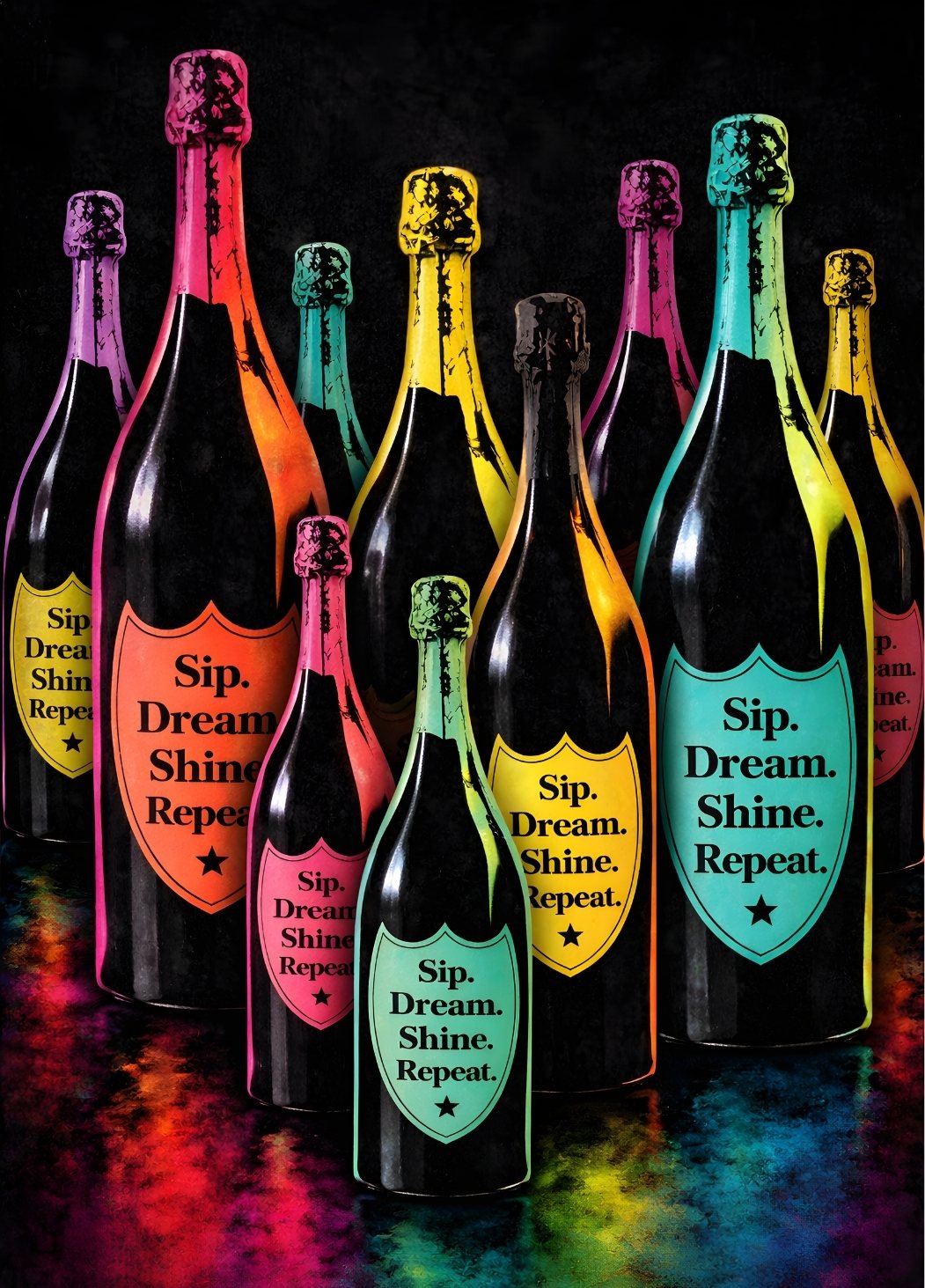 Tableau pop art bouteilles champagne colorées style contemporain festif
