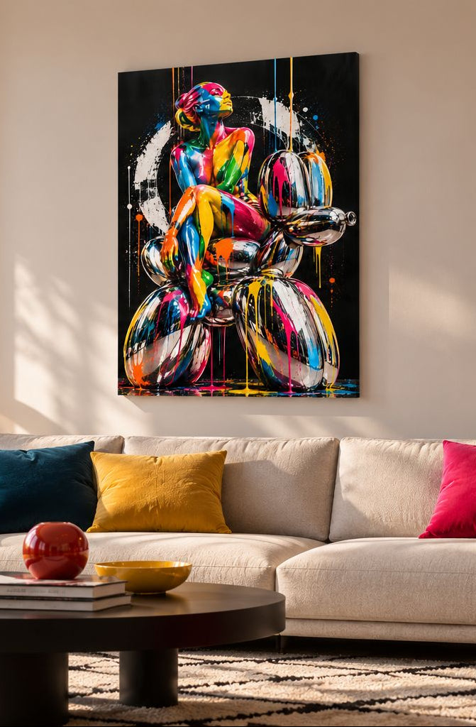 Tableau pop art moderne représentant une femme multicolore sur fond noir

