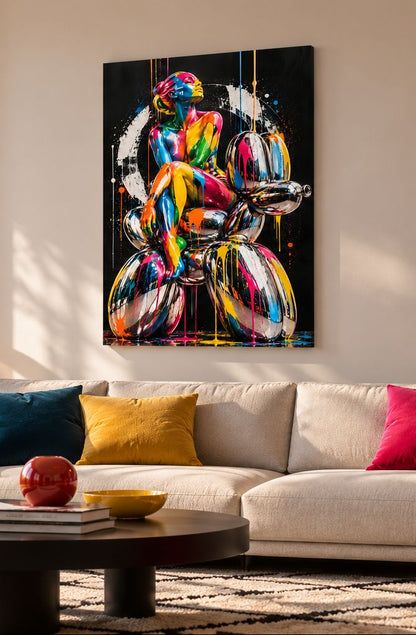 Tableau pop art moderne représentant une femme multicolore sur fond noir
