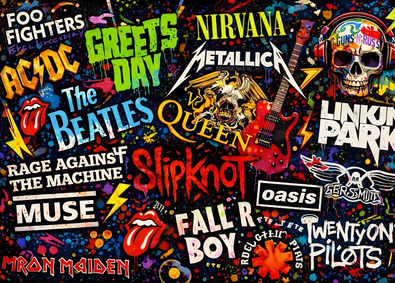 Tableau pop art rock multicolore graffiti typographies icônes musicales décoration murale moderne
