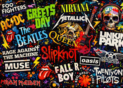 Tableau pop art rock multicolore graffiti typographies icônes musicales décoration murale moderne
