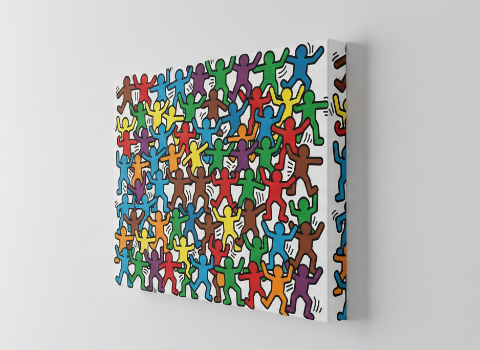 Toile pop art montée sur châssis entoilé, vue matière et profondeur
