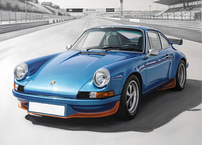 Tableau représentant une Porsche 911 Carrera RS 2.7 bleue sur circuit, création exclusive Iconik-Art
