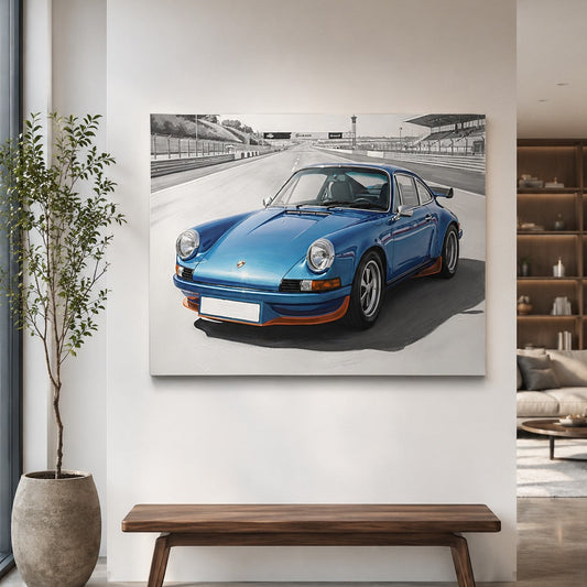 Œuvre murale Porsche 911 Carrera RS 2.7 dans un bureau contemporain, création exclusive fabriquée en France par Iconik-Art
