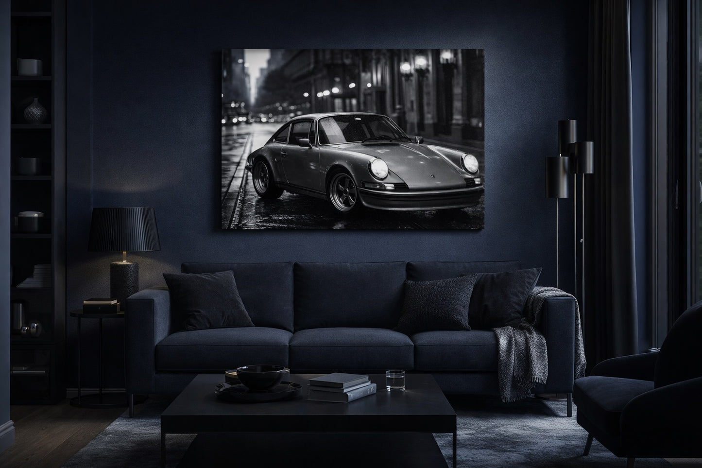 Photo artistique Porsche 911 Classic : Porsche 911 en noir et blanc sous la pluie nocturne, création exclusive Iconik-Art.