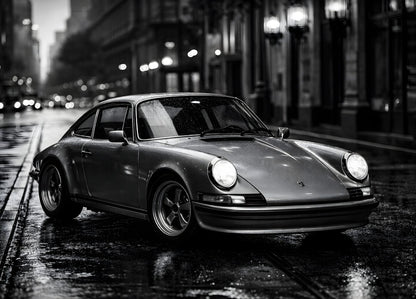 Photo artistique Porsche 911 Classic accrochée dans un salon élégant, décoration murale en noir et blanc, ambiance sophistiquée et nostalgique.