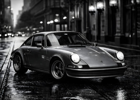 Photo artistique Porsche 911 Classic accrochée dans un salon élégant, décoration murale en noir et blanc, ambiance sophistiquée et nostalgique.