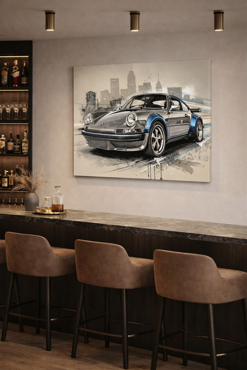 Tableau Porsche 911 pop art en situation dans un interieur moderne
