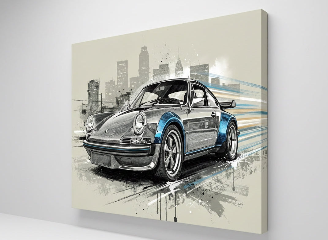 Toile Porsche 911 pop art vue de profil sur chassis entoile
