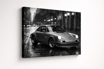Vue de profil de la photo artistique Porsche 911 Classic sur châssis toile, détails des reflets et des textures, impression haute qualité.