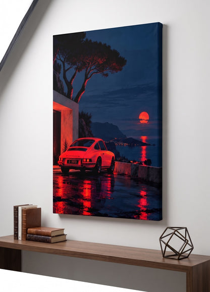 Tableau Porsche 911 Red Moon présenté dans un intérieur contemporain
