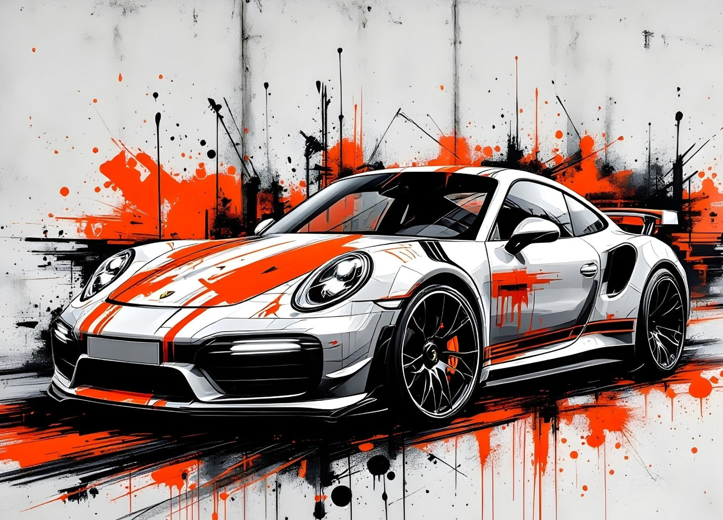 Tableau moderne Porsche 911 voiture sport street art peinture rouge dynamique
