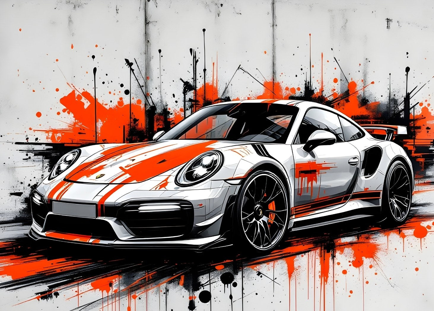 Tableau moderne Porsche 911 voiture sport street art peinture rouge dynamique
