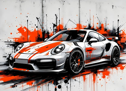 Tableau moderne Porsche 911 voiture sport street art peinture rouge dynamique
