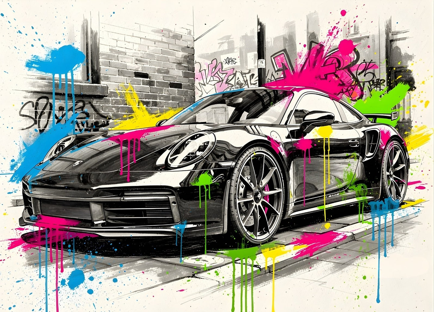 Tableau pop art Porsche 911 street art vue de face
