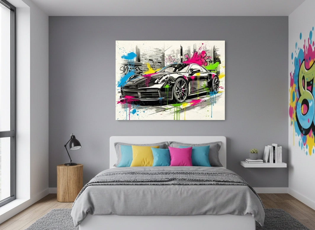 Tableau Porsche 911 pop art en situation dans un interieur moderne

