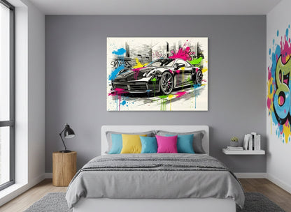 Tableau Porsche 911 pop art en situation dans un interieur moderne
