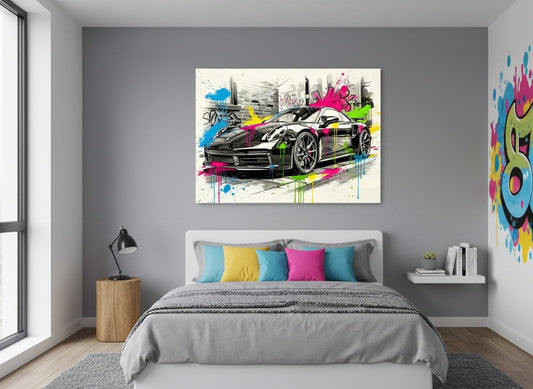 Tableau Porsche 911 pop art en situation dans un interieur moderne
