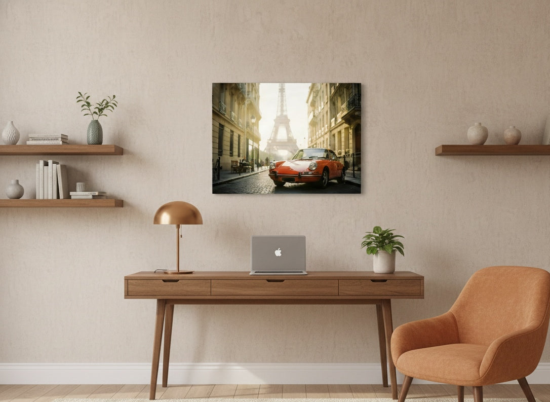 Tableau photo automobile intégré dans un intérieur contemporain
