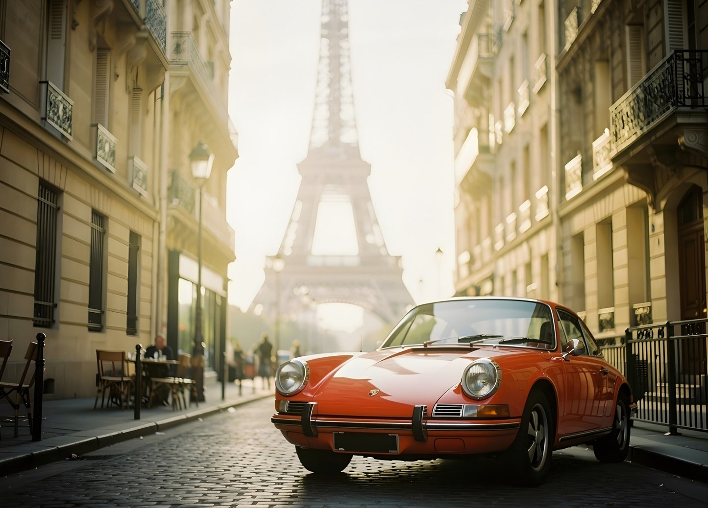 Tableau photo d’une Porsche classique dans une rue parisienne

