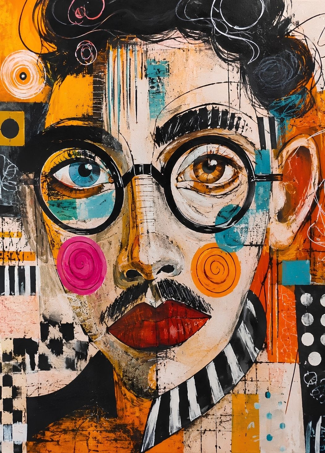 Portrait abstrait au visage ambigu avec lunettes rondes et aplats colorés création exclusive Iconik-Art
