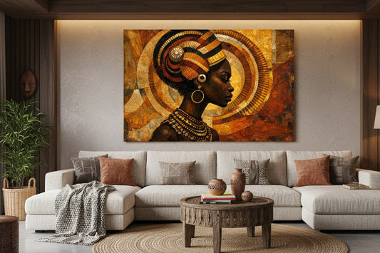 Tableau contemporain portrait afro bohème doré intégré dans salon chic déco murale moderne élégante
