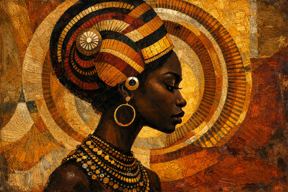 Tableau moderne portrait afro bohème doré style mosaïque texturée aura circulaire lumineuse création Iconik-Art
