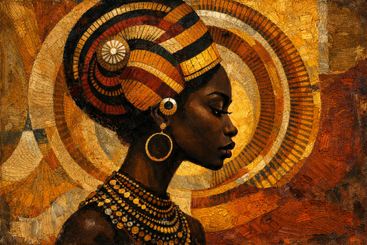 Tableau moderne portrait afro bohème doré style mosaïque texturée aura circulaire lumineuse création Iconik-Art
