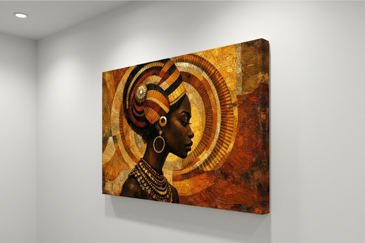 Vue de profil toile portrait afro bohème doré impression haute définition sur châssis bois
