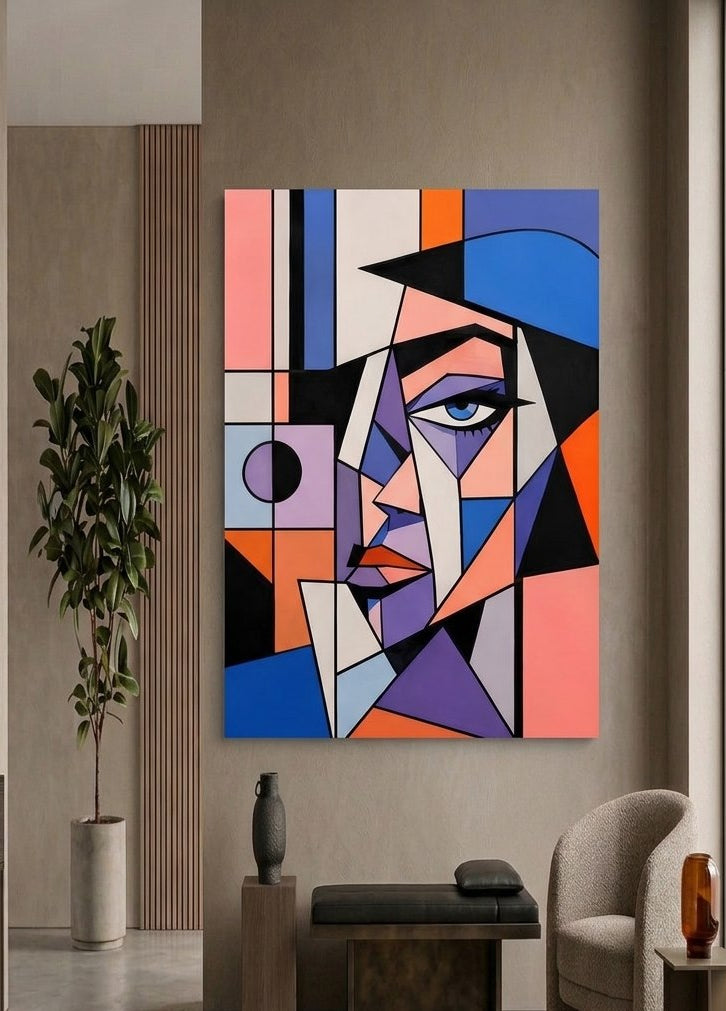 Tableau portrait cubiste moderne installé dans un salon contemporain création exclusive Iconik-Art
