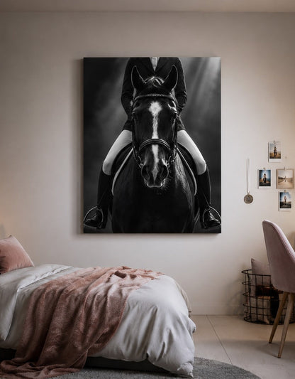 Portrait équestre moderne représentant de face un cheval de dressage et sa cavalière dans une ambiance monochrome
