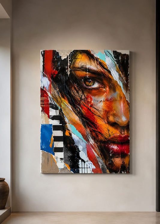 Portrait féminin fragmenté installé dans un salon contemporain création exclusive Iconik-Art
