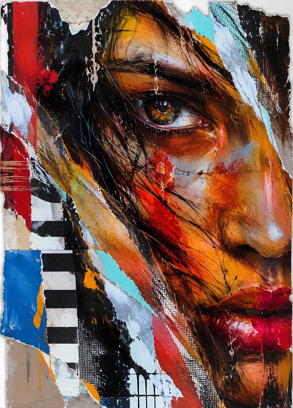 Portrait féminin fragmenté avec regard intense et textures graphiques création exclusive Iconik-Art
